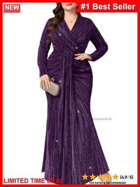 Plus Size Sparkly Evening Dress Long Sleeve V-Neck Ruched Mermaid Maxi Formal